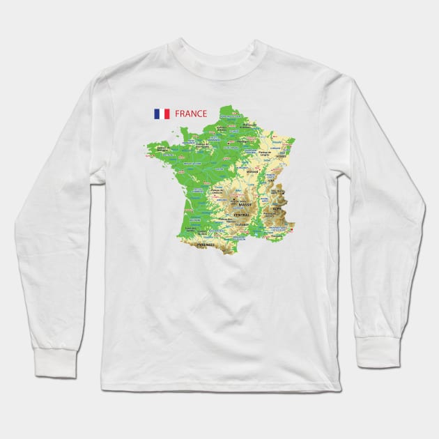 Geographic Map of France Long Sleeve T-Shirt by AliJun